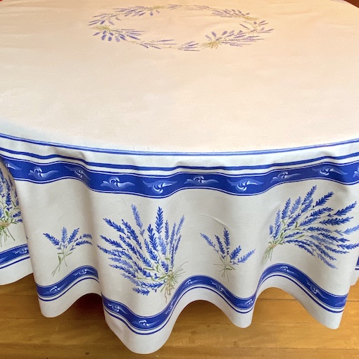 blue and white french provincial 70in round coated tablecloth
