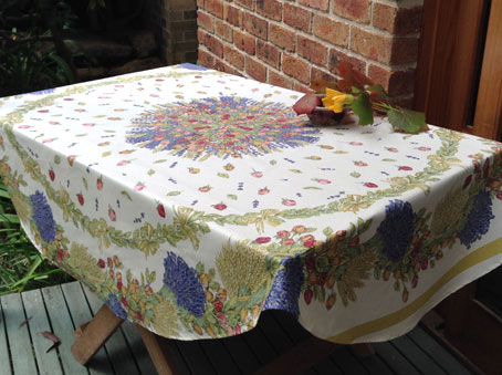 coated oval tablecloth with roses and lavender design