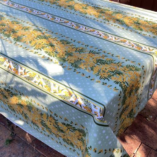 large coated french tablecloth green with mimosa designs