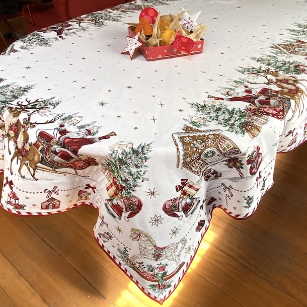large christmas tablecloth with santa and sleigh